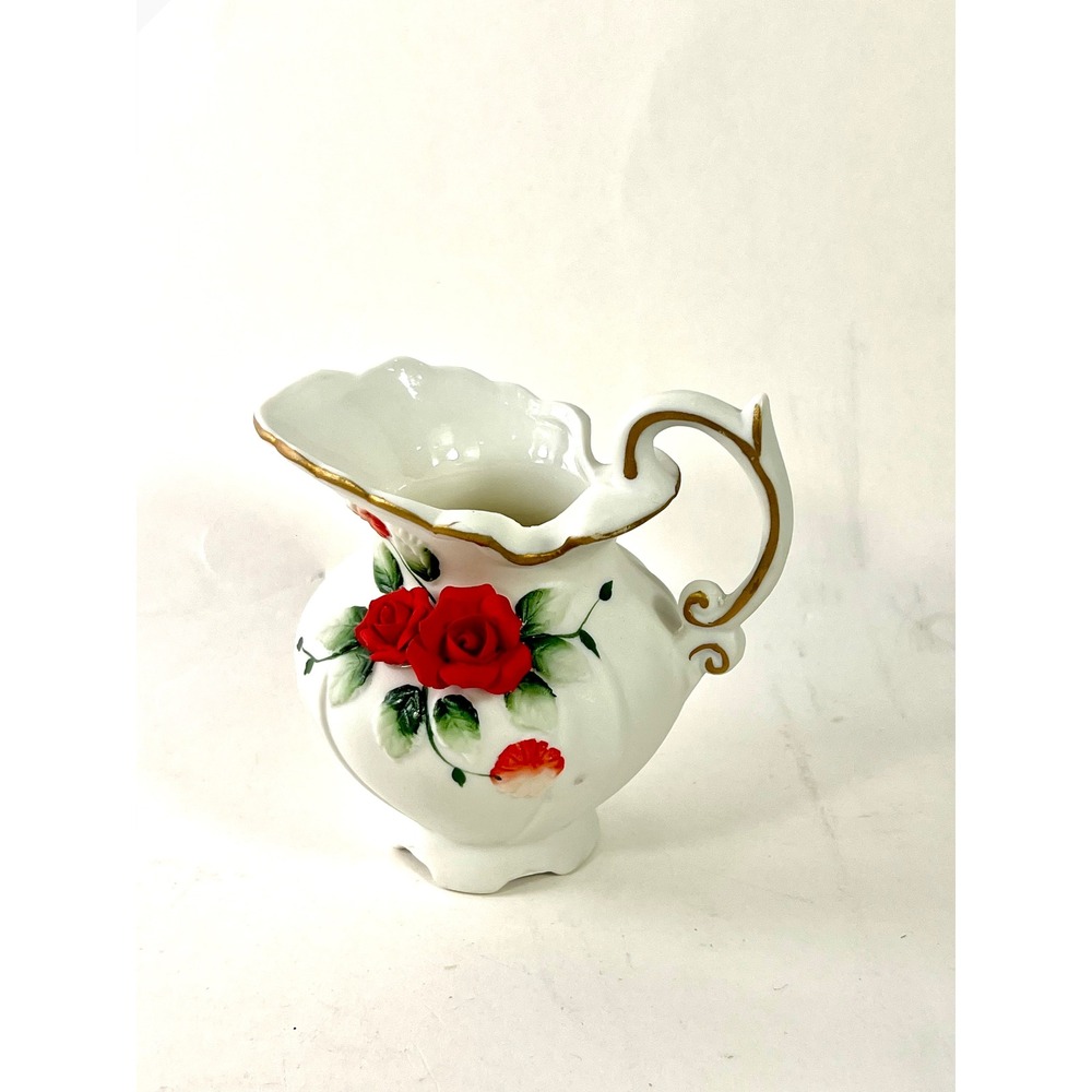 Vintage White Porcelain Pitcher Red 3D Rose Floral Gold Trim Scalloped Bud Vase